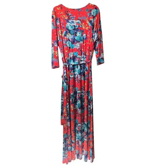Pink Blush Women's Floral Print Belted Faux Wrap Maxi Dress Red Blue Size 3XL - Picture 2 of 4